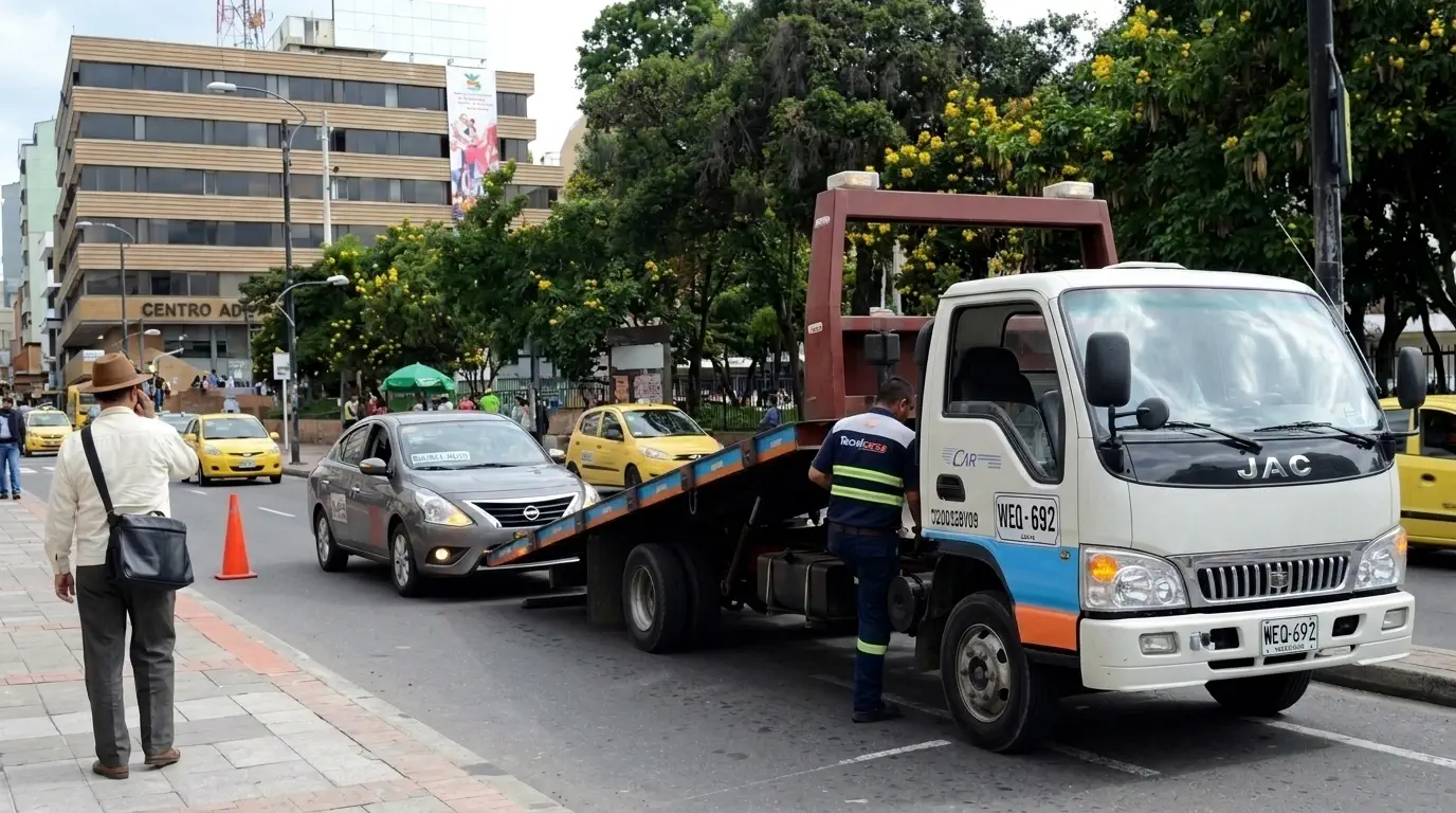 Grúa planchón de Tecnicarss recogiendo un carro en una avenida de Bogotá