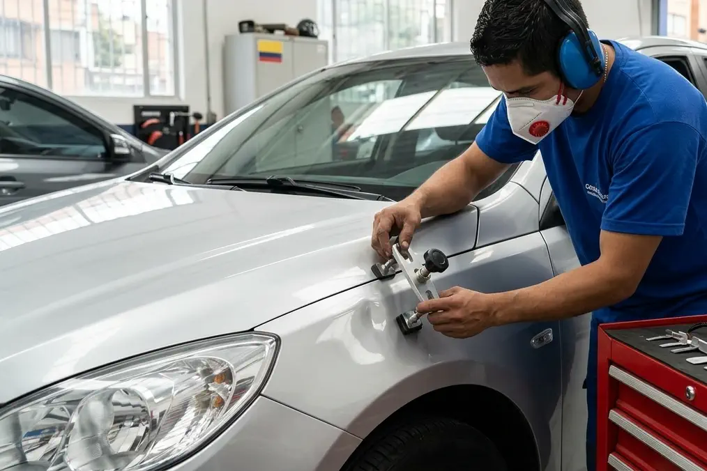 Técnico sacando un golpe en el guardabarros de un carro gris en el taller